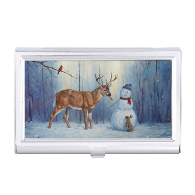 Deer and Happy Snowman Winter Holiday Scene Business Card Case (Front)