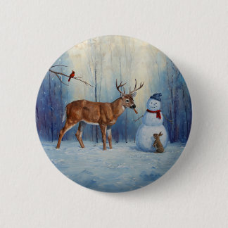 Deer and Happy Snowman Winter Holiday Scene Button
