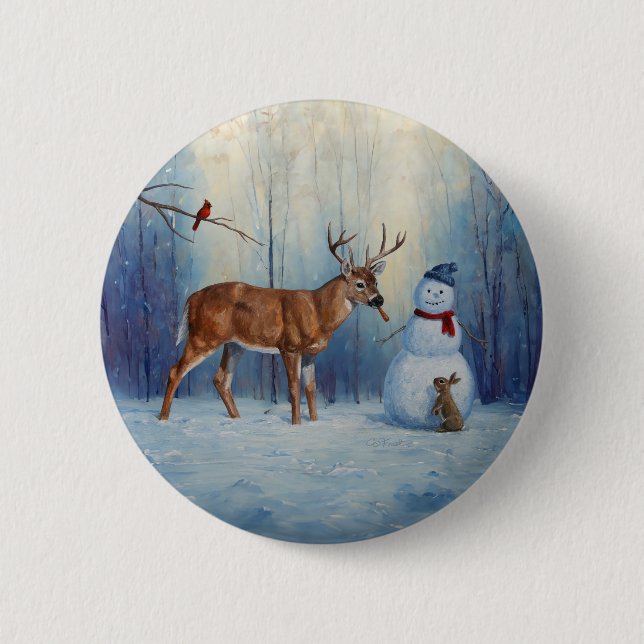 Deer and Happy Snowman Winter Holiday Scene Button (Front)