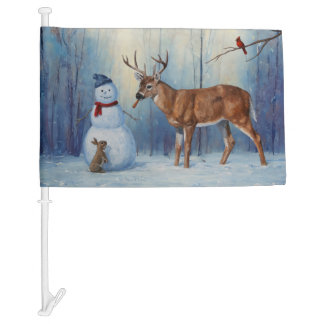 Deer and Happy Snowman Winter Holiday Scene Car Flag