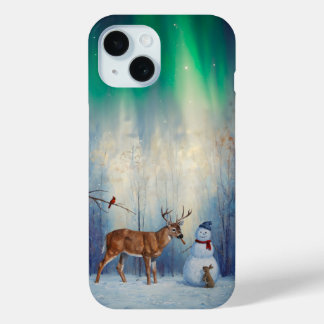 Deer and Happy Snowman Winter Holiday Scene iPhone 15 Case
