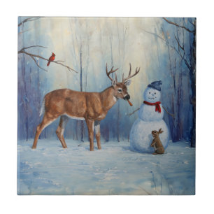 Deer and Happy Snowman Winter Holiday Scene Ceramic Tile