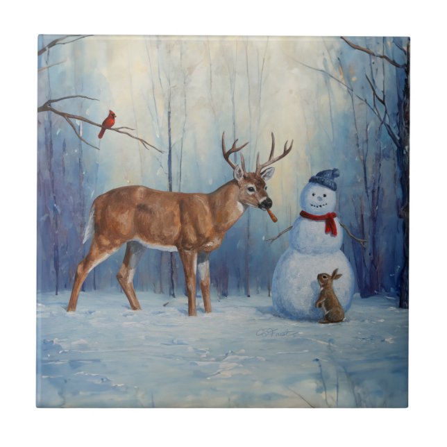 Deer and Happy Snowman Winter Holiday Scene Ceramic Tile (Front)