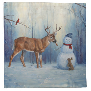Deer and Happy Snowman Winter Holiday Scene Cloth Napkin