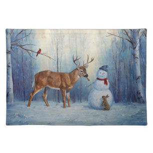 Deer and Happy Snowman Winter Holiday Scene Cloth Placemat
