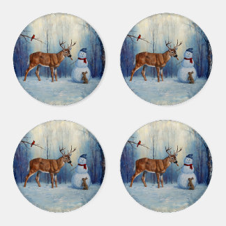Deer and Happy Snowman Winter Holiday Scene Coaster Set