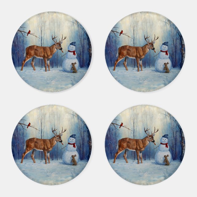 Deer and Happy Snowman Winter Holiday Scene Coaster Set (Set)