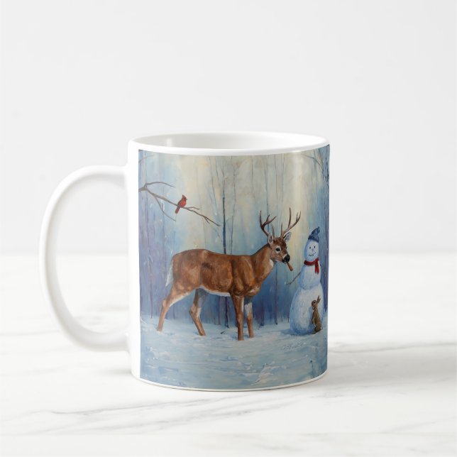 Deer and Happy Snowman Winter Holiday Scene Coffee Mug (Left)