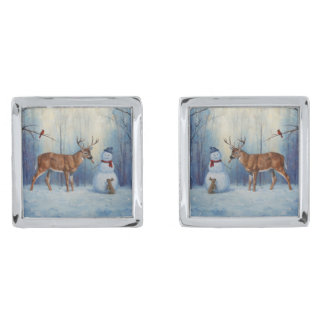 Deer and Happy Snowman Winter Holiday Scene Cufflinks