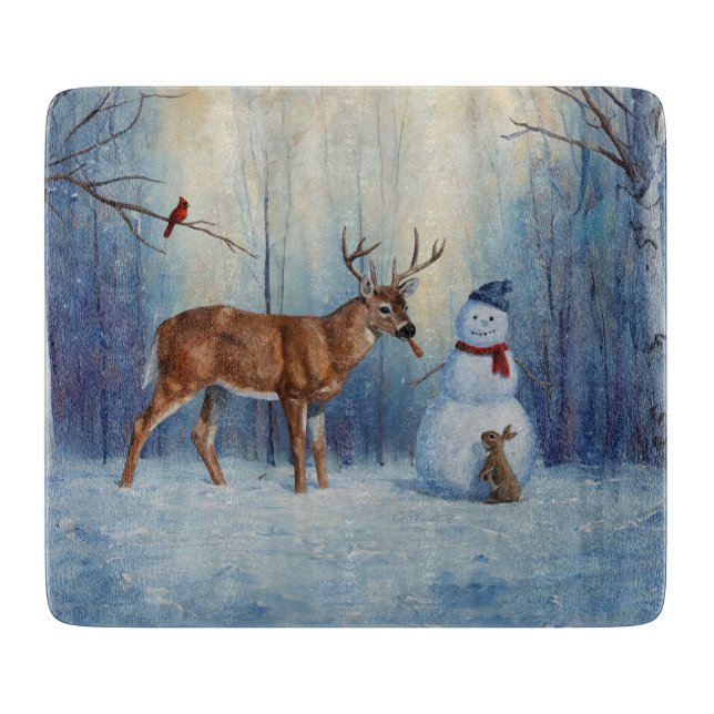 Deer and Happy Snowman Winter Holiday Scene Cutting Board (Front)