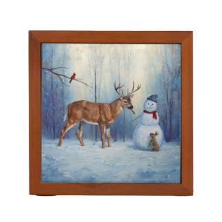 Deer and Happy Snowman Winter Holiday Scene Desk Organizer