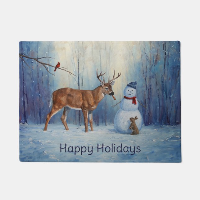 Deer and Happy Snowman Winter Holiday Scene Doormat (Front)