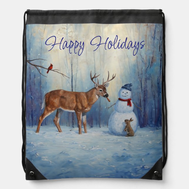 Deer and Happy Snowman Winter Holiday Scene Drawstring Bag (Front)