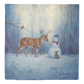 Deer and Happy Snowman Winter Holiday Scene Duvet Cover