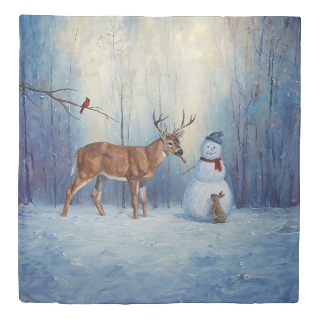 Deer and Happy Snowman Winter Holiday Scene Duvet Cover (Front)