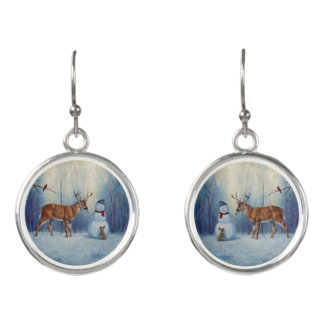 Deer and Happy Snowman Winter Holiday Scene Earrings