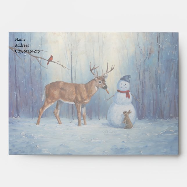Deer and Happy Snowman Winter Holiday Scene Envelope (Front)
