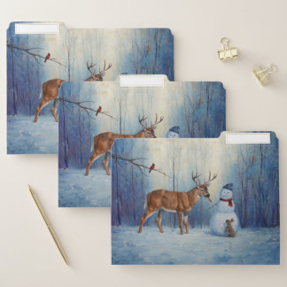 Deer and Happy Snowman Winter Holiday Scene File Folder