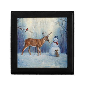Deer and Happy Snowman Winter Holiday Scene Gift Box