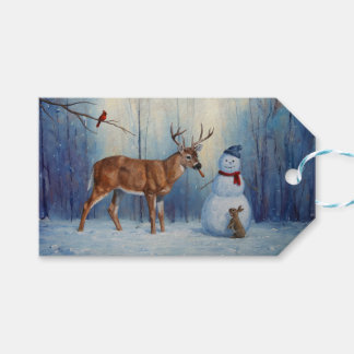 Deer and Happy Snowman Winter Holiday Scene Gift Tags