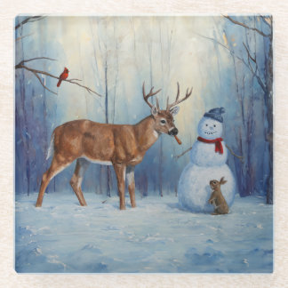 Deer and Happy Snowman Winter Holiday Scene Glass Coaster