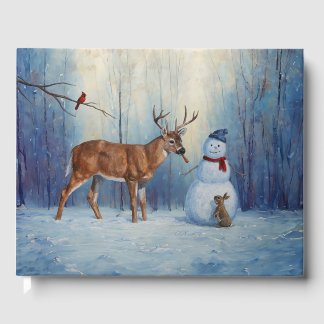 Deer and Happy Snowman Winter Holiday Scene Guest Book