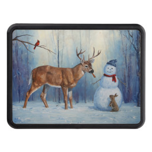Deer and Happy Snowman Winter Holiday Scene Hitch Cover
