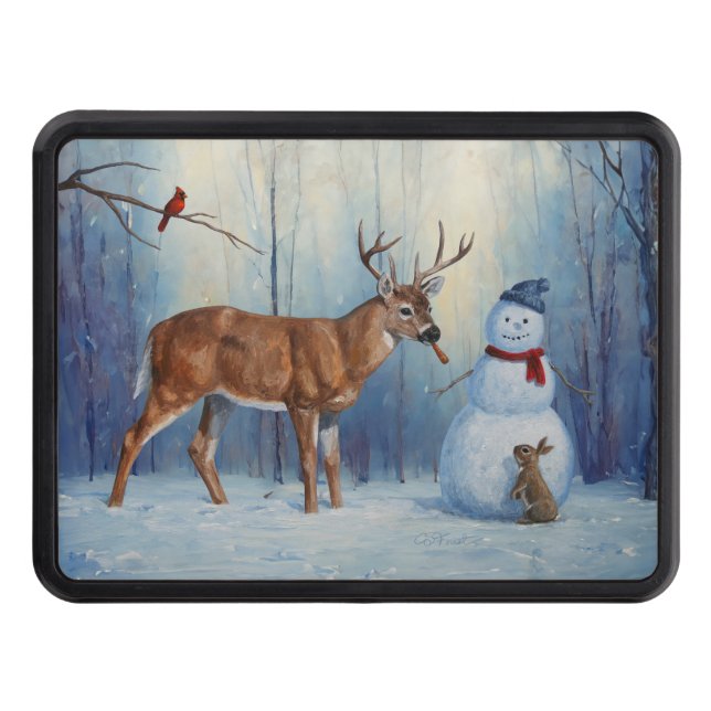 Deer and Happy Snowman Winter Holiday Scene Hitch Cover (Front)