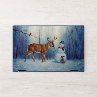 Deer and Happy Snowman Winter Holiday Scene HP Laptop Skin