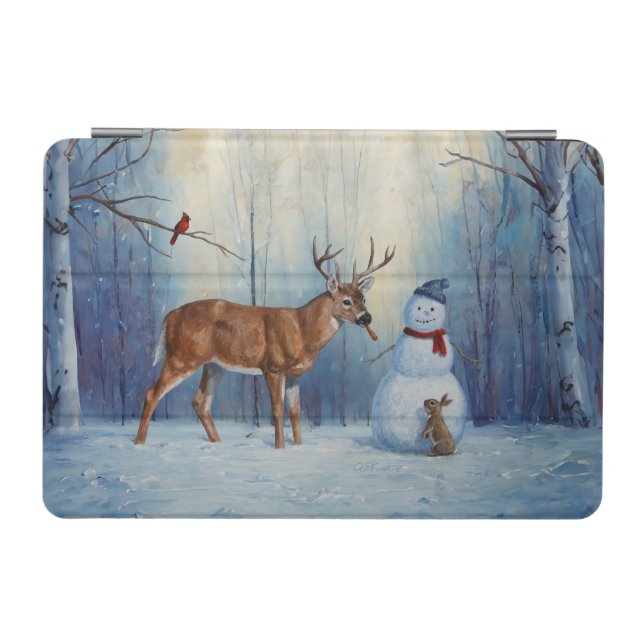 Deer and Happy Snowman Winter Holiday Scene iPad Mini Cover (Horizontal)