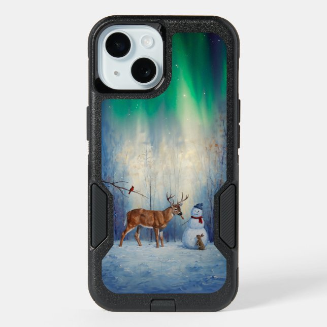 Deer and Happy Snowman Winter Holiday Scene iPhone 15 Case (Back)