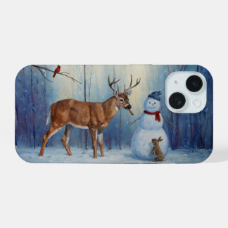 Deer and Happy Snowman Winter Holiday Scene iPhone 15 Case