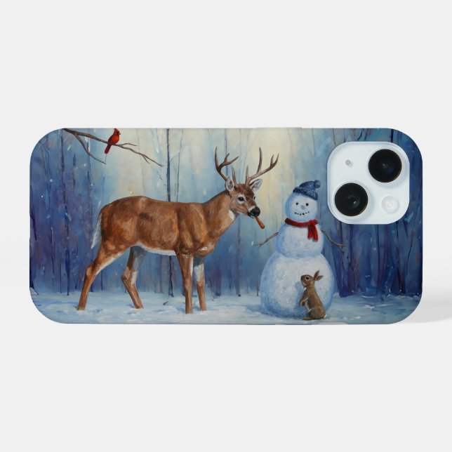 Deer and Happy Snowman Winter Holiday Scene iPhone 15 Case (Back Horizontal)