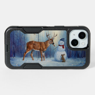 Deer and Happy Snowman Winter Holiday Scene iPhone 15 Case