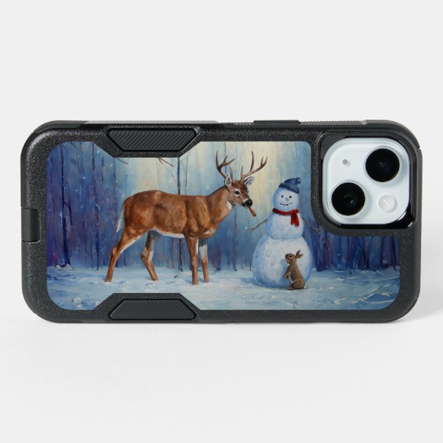 Deer and Happy Snowman Winter Holiday Scene iPhone 15 Case (Back Horizontal)