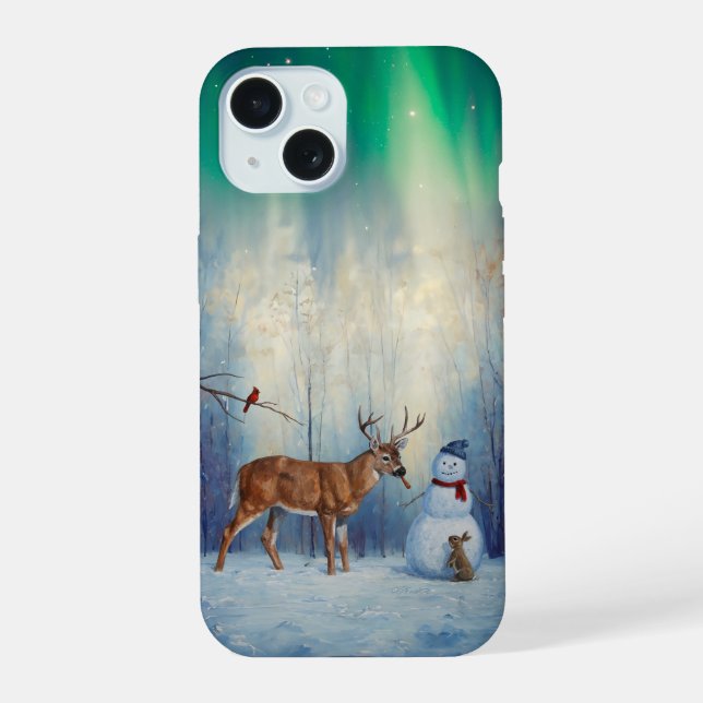 Deer and Happy Snowman Winter Holiday Scene iPhone 15 Case (Back)