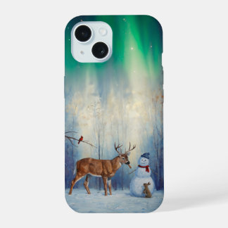 Deer and Happy Snowman Winter Holiday Scene iPhone 15 Case