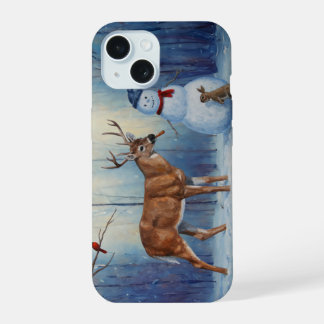 Deer and Happy Snowman Winter Holiday Scene iPhone 15 Case