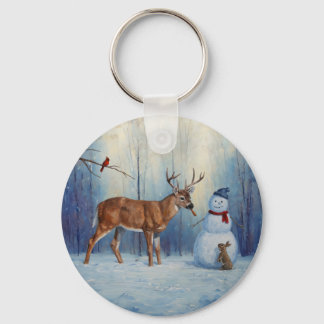 Deer and Happy Snowman Winter Holiday Scene Keychain
