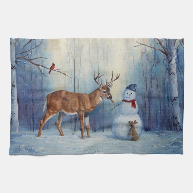 Deer and Happy Snowman Winter Holiday Scene Kitchen Towel (Horizontal)