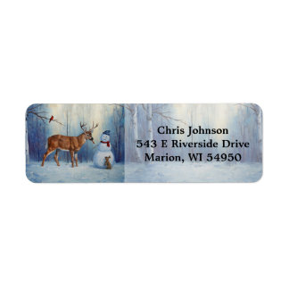 Deer and Happy Snowman Winter Holiday Scene Label
