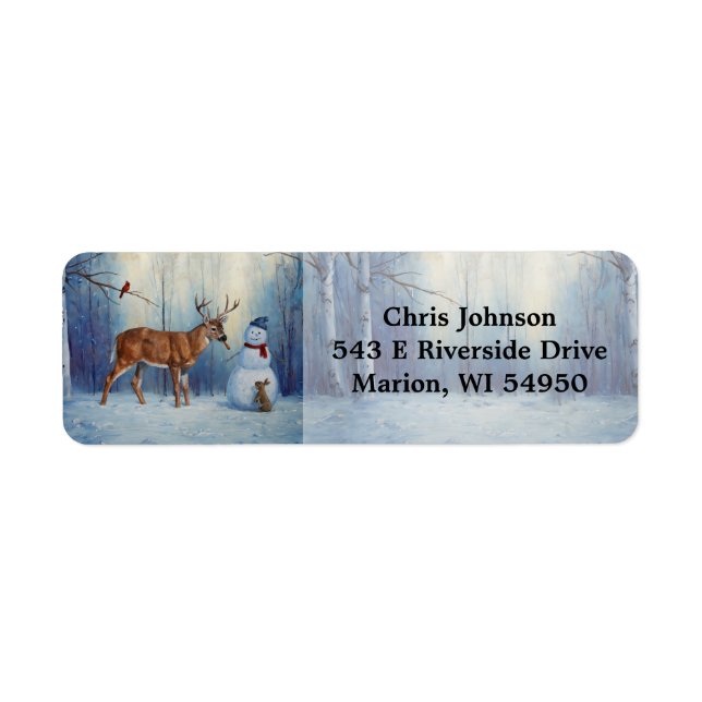 Deer and Happy Snowman Winter Holiday Scene Label (Front)