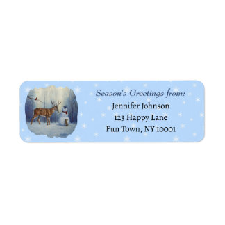 Deer and Happy Snowman Winter Holiday Scene Label