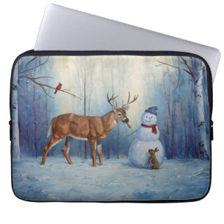 Deer and Happy Snowman Winter Holiday Scene Laptop Sleeve