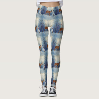 Deer and Happy Snowman Winter Holiday Scene Leggings
