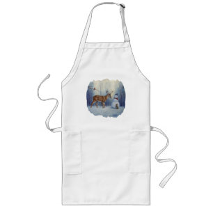 Deer and Happy Snowman Winter Holiday Scene Long Apron