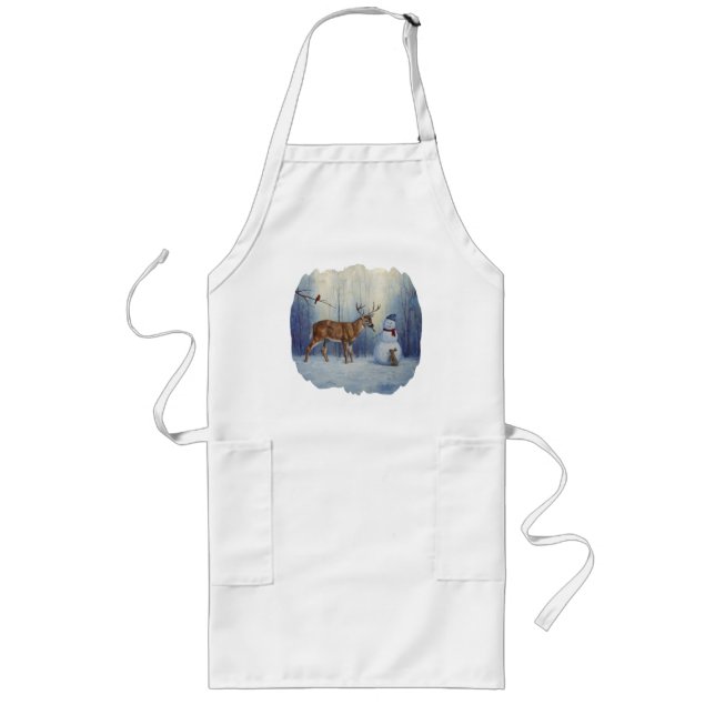 Deer and Happy Snowman Winter Holiday Scene Long Apron (Front)