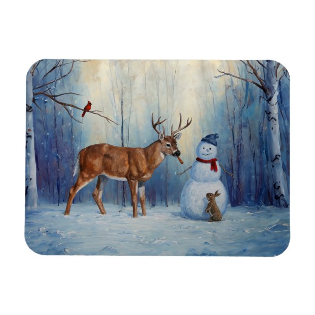 Deer and Happy Snowman Winter Holiday Scene Magnet (Horizontal)