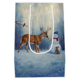 Deer and Happy Snowman Winter Holiday Scene Medium Gift Bag