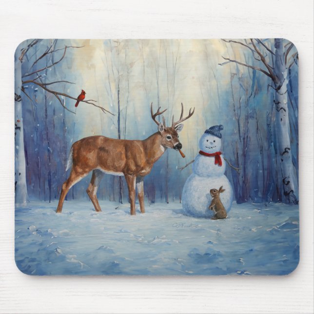 Deer and Happy Snowman Winter Holiday Scene Mouse Pad (Front)